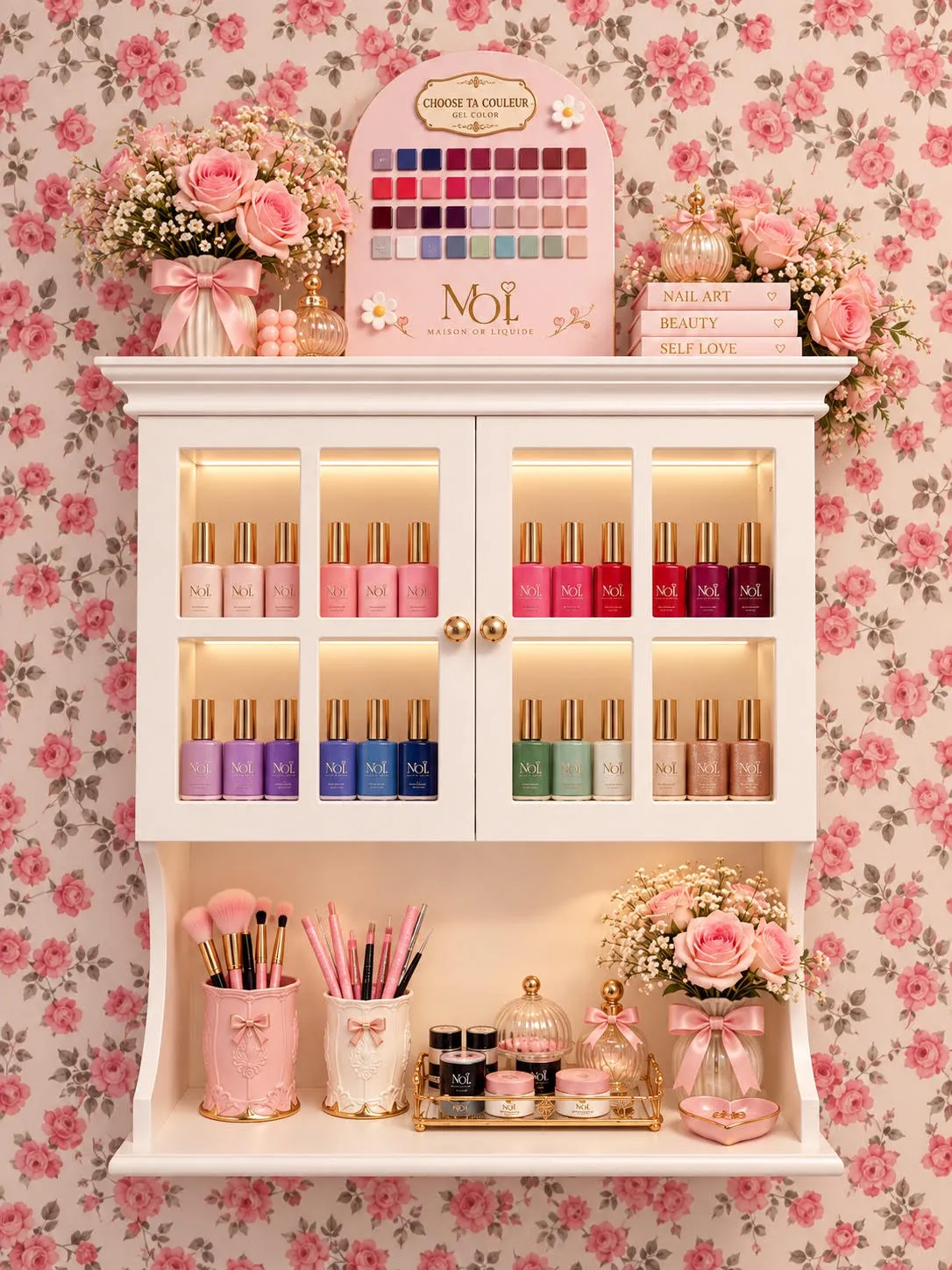 Vitrine de vernis et de produits Maison Or Liquide sur fond de papier peint fleuri